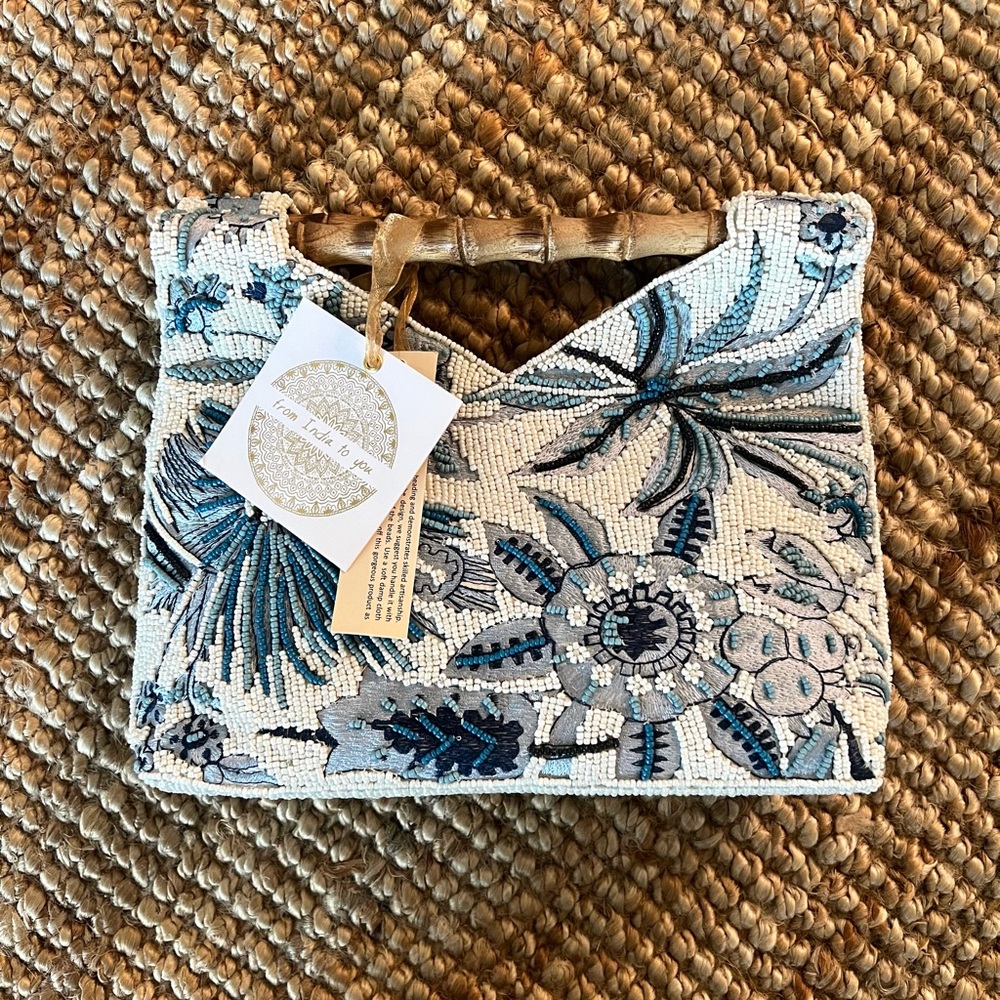 From India to You vintage inspired blue beaded bag clutch with bamboo details.